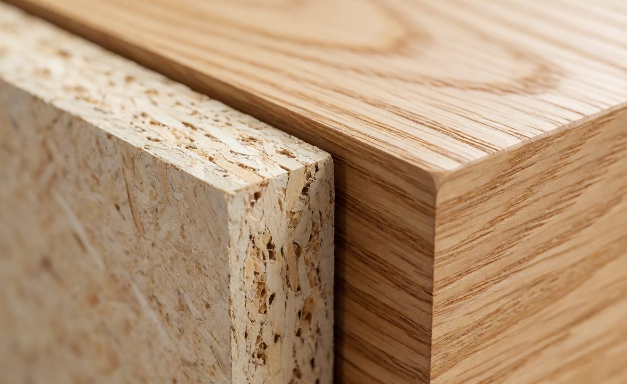 Fibreboard edge compared with solid wood grain Close-up comparing the cut edge of a fibreboard panel with a solid wood panel edge