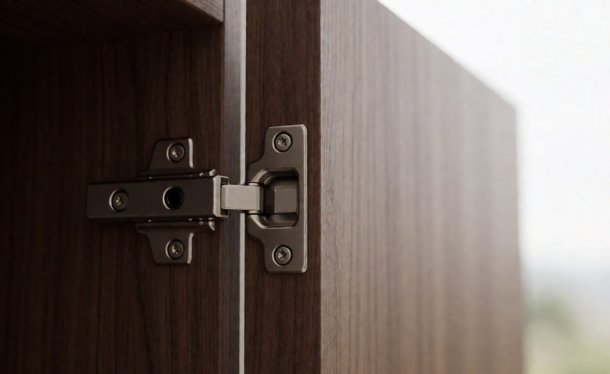 Cabinet door hinge and magnetic catch on a wooden dartboard cabinet