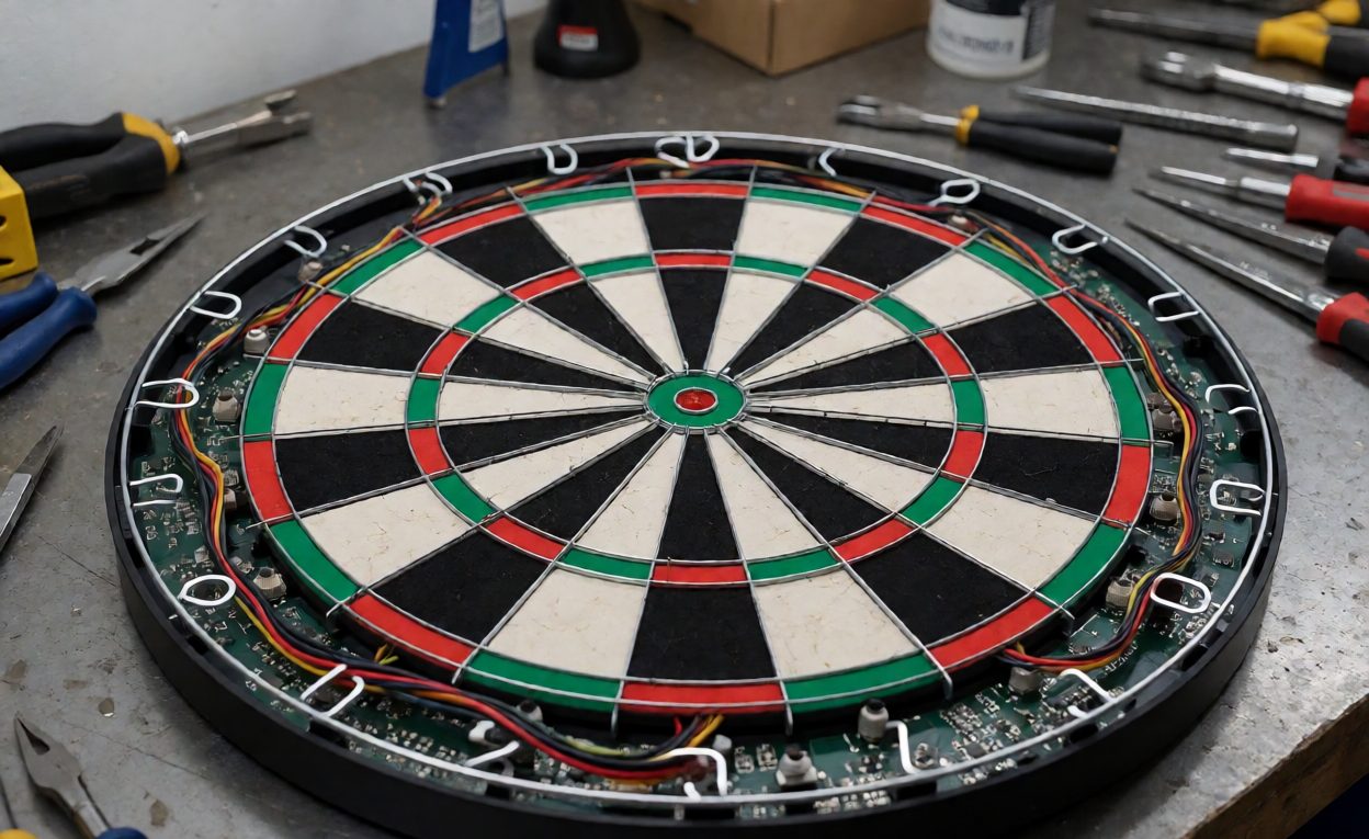 Sensor matrix inside an electronic dartboard Opened electronic dartboard showing the sensor matrix and wiring harness