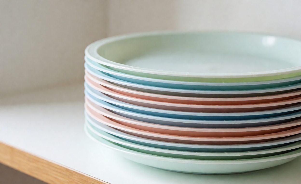 Stacked lightweight plates Stack of lightweight plastic plates in pastel colours on a shelf