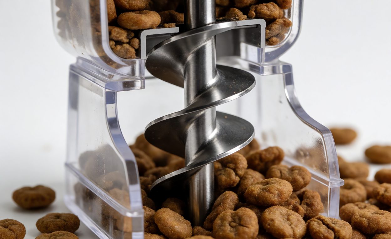 Auger dosing mechanism with kibble Close-up of an internal auger screw mechanism with kibble grains around it