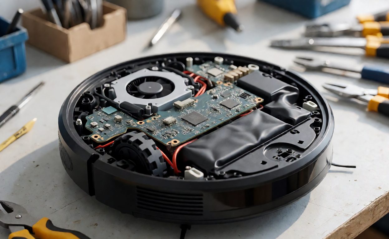 Inside a robot vacuum platform Opened robot vacuum showing fan, board, battery and wheel assembly