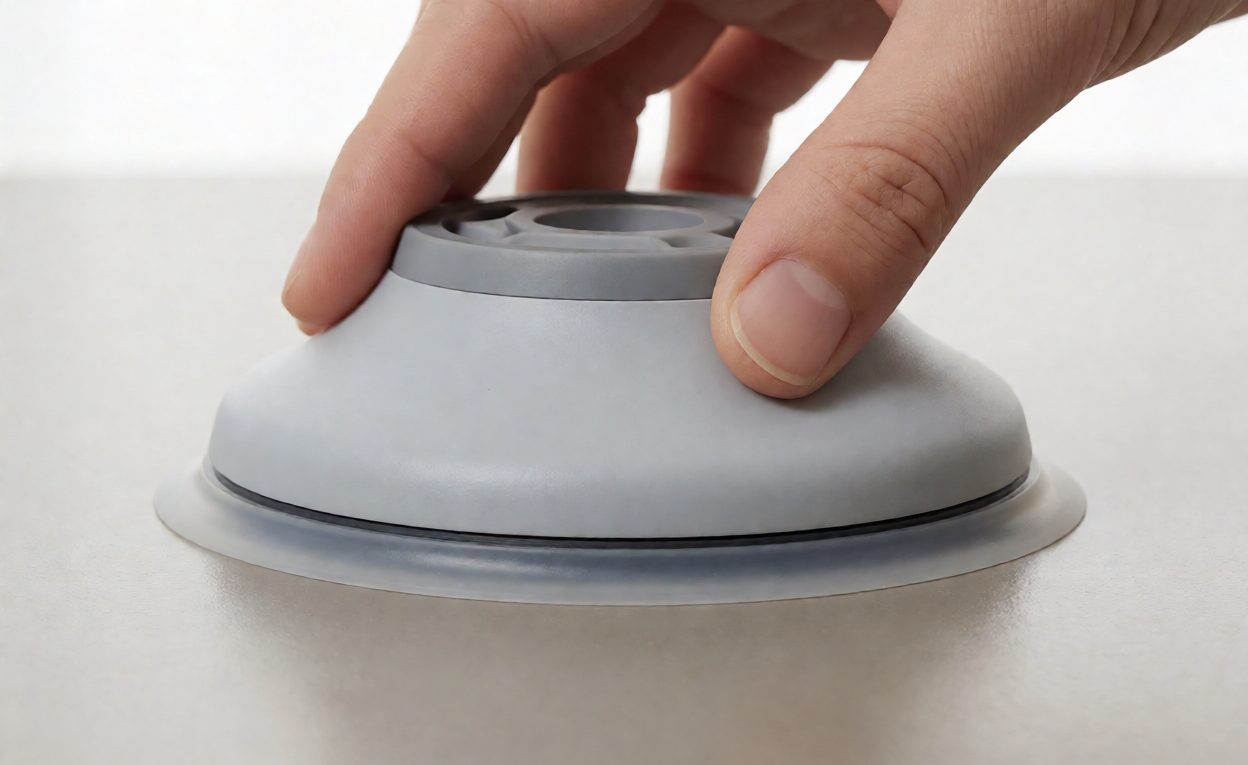 Hand pressing a silicone suction base flat onto a smooth tabletop