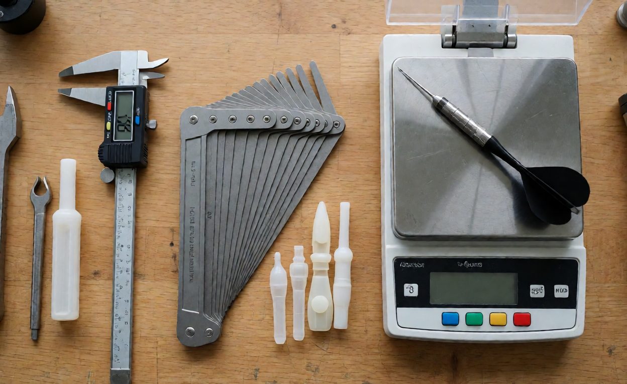 Inspection tools and plastic product samples arranged on a table