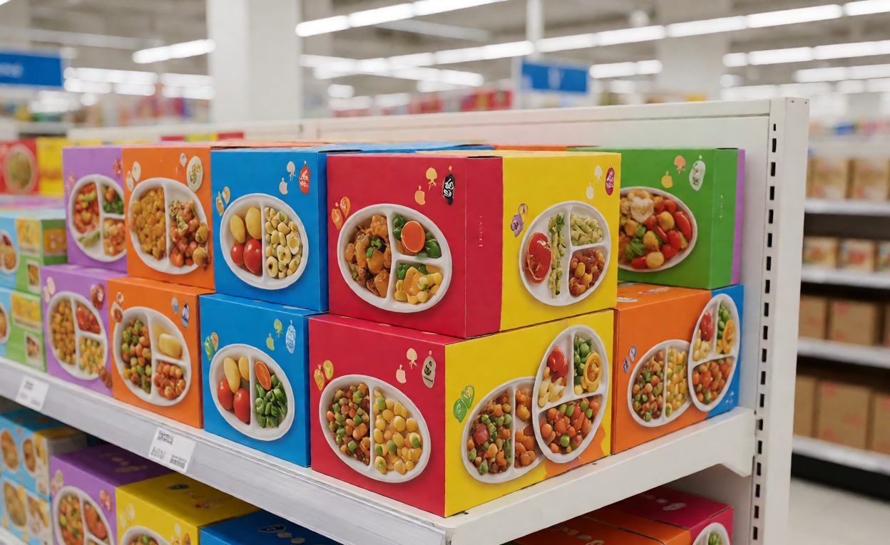 Retail shelf with boxed children's meal sets in a store aisle