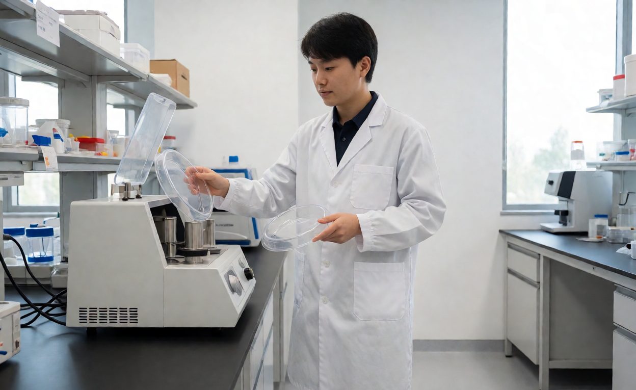Technician placing a children's plate into food-contact testing equipment