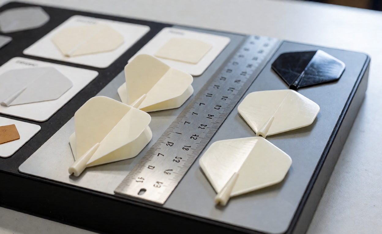 Folded polyester and moulded dart flights compared on a bench with a ruler