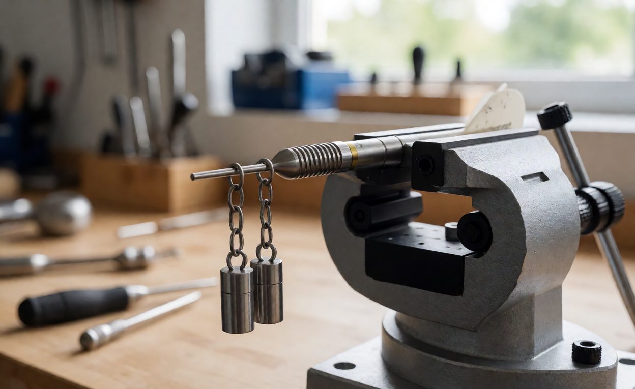 Dart clamped horizontally with small weights hanging from the shaft in a bench test