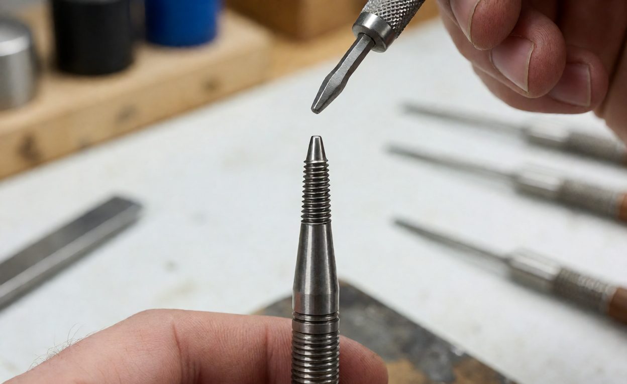 Fixed steel dart point beside a threaded soft tip being swapped with a tool