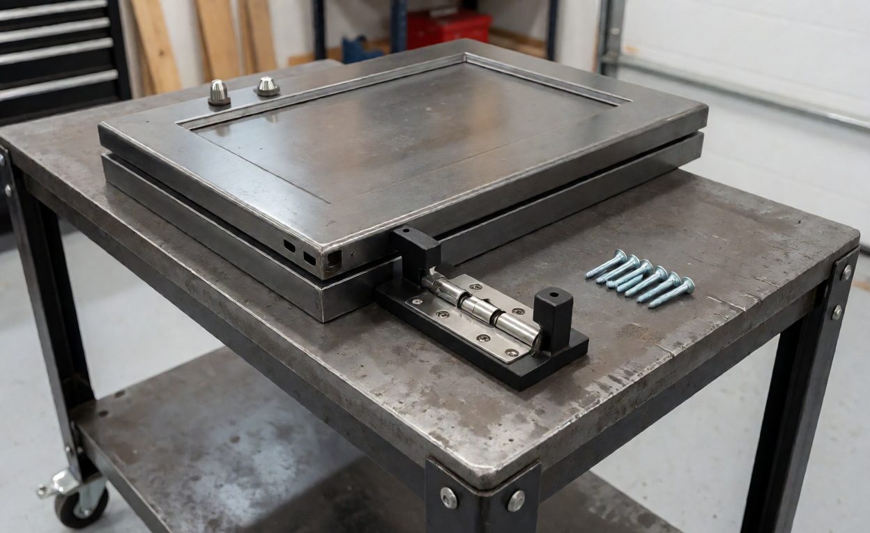 Fitting hinge hardware on cabinet doors Cabinet door panels stacked on a bench with a hinge being positioned using a jig