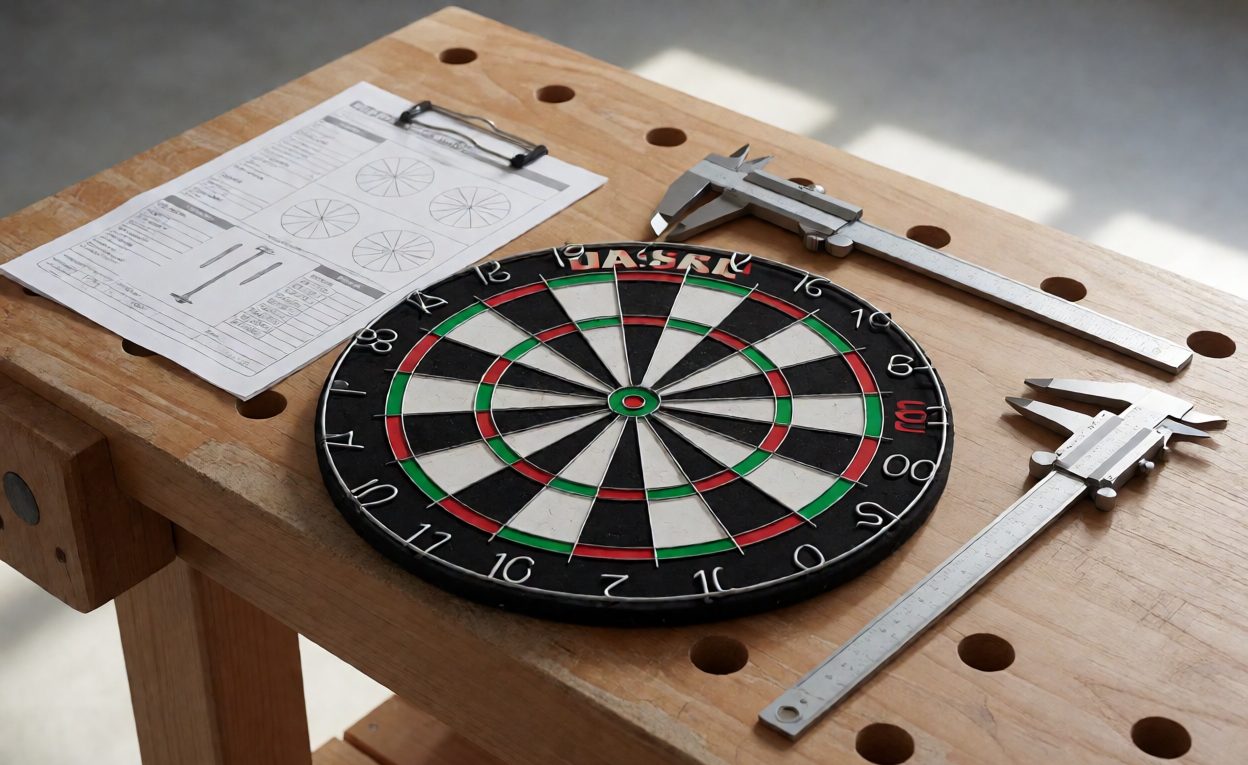 Dartboard face sample with callipers and a specification sheet on a bench