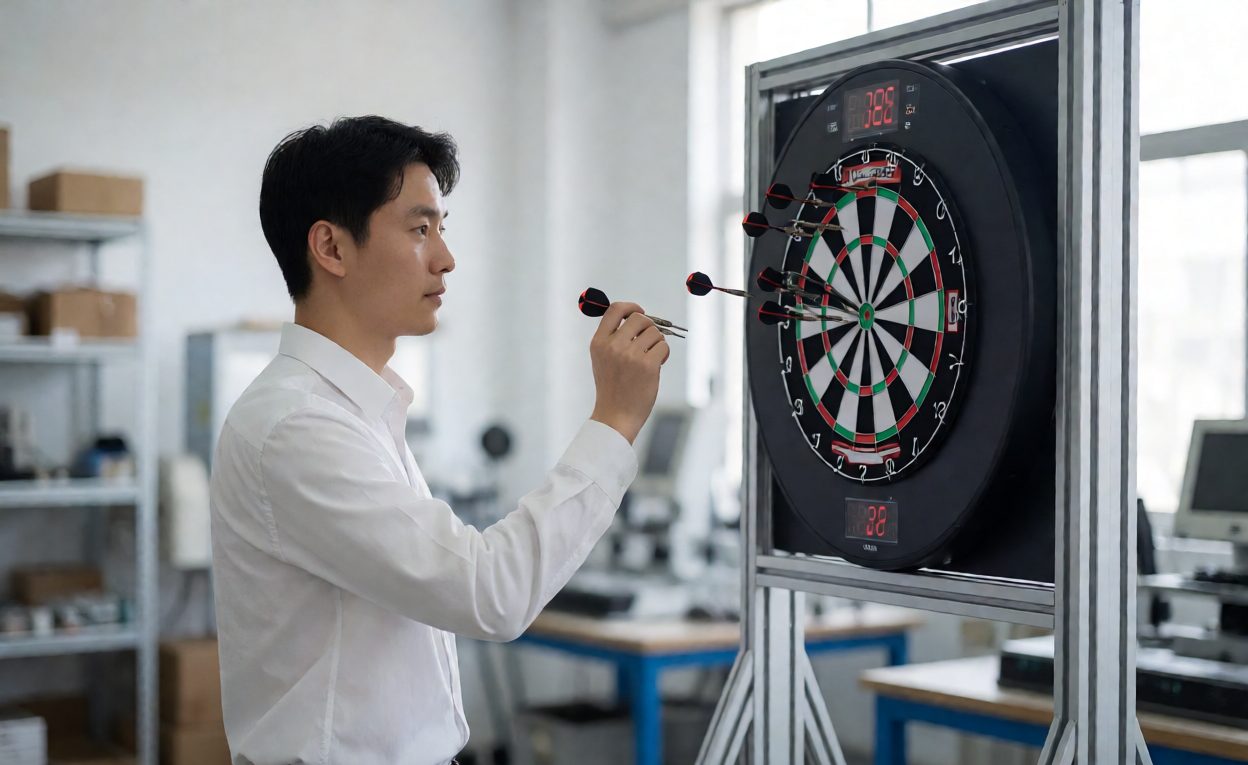 Sample testing with real darts Engineer testing an electronic dartboard sample on a test rack
