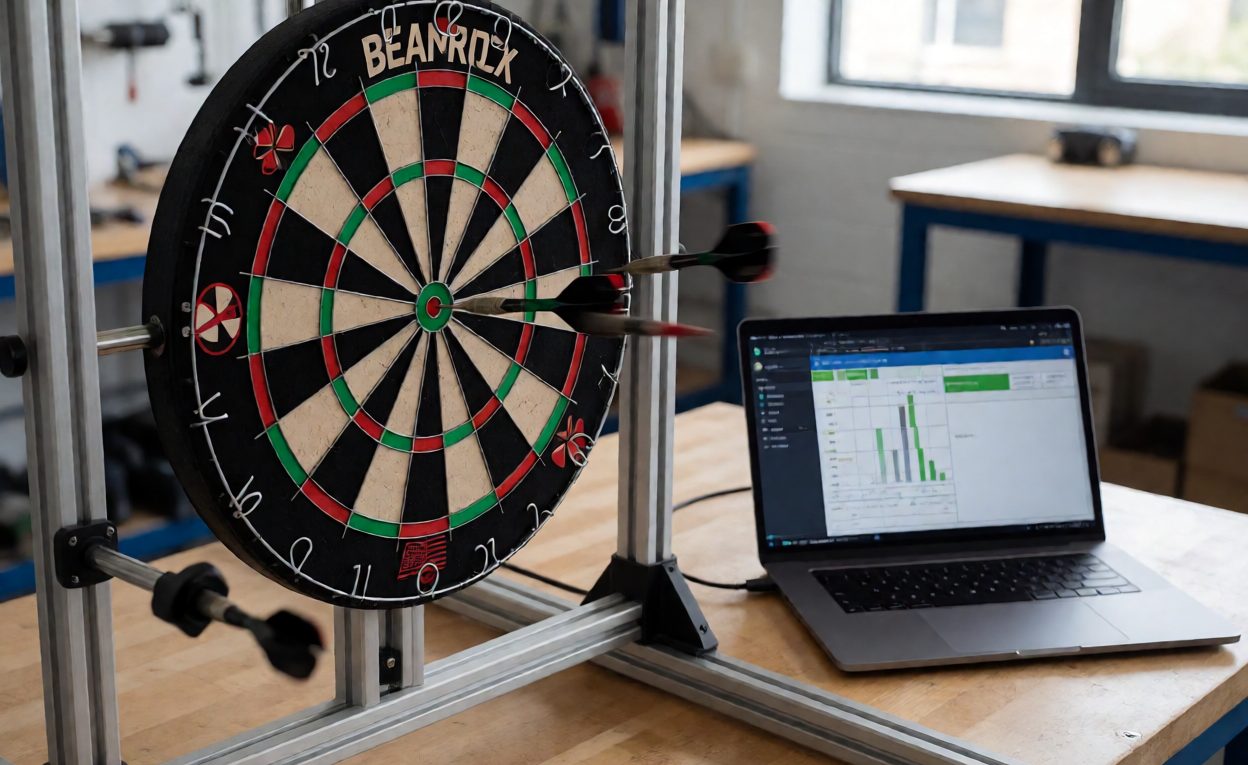 Repeatability test with logged readings Test rig dropping a soft tip dart into a dartboard segment while a laptop logs readings