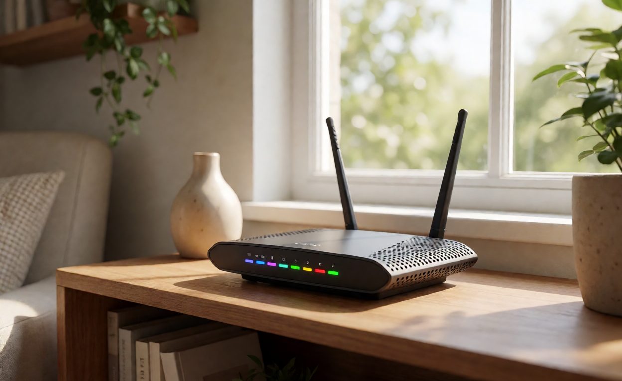 Home Wi-Fi router in a domestic setting Home router with indicator lights on a shelf near a window