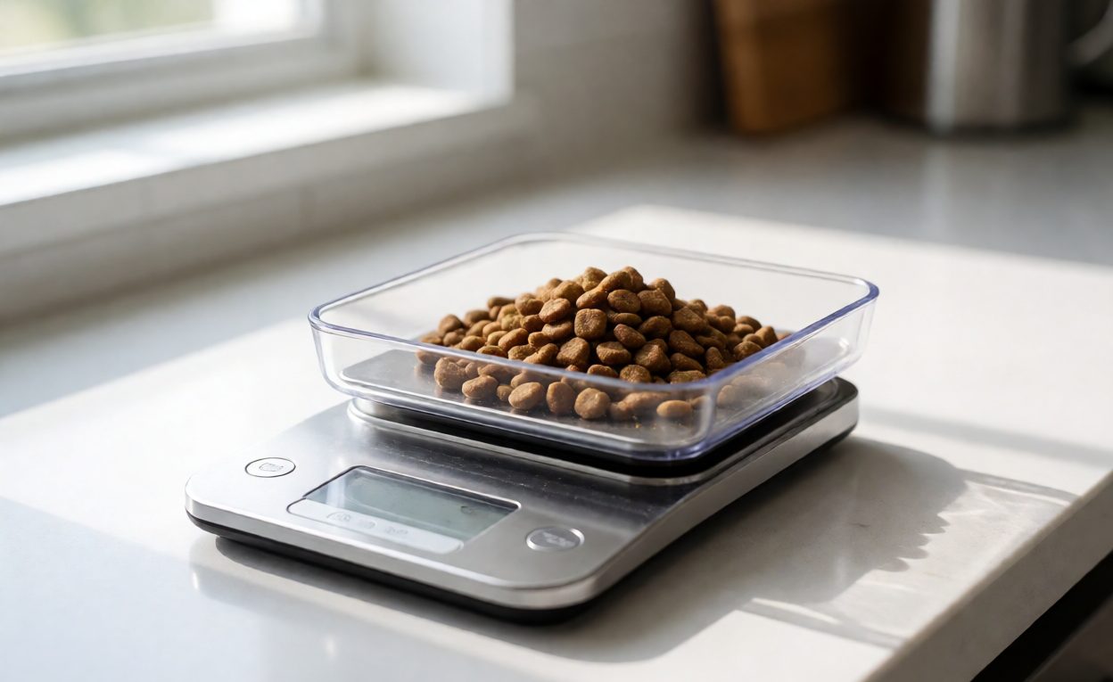 Weighing dispensed portions on a scale Kitchen scale weighing a pile of dry pet kibble in its tray