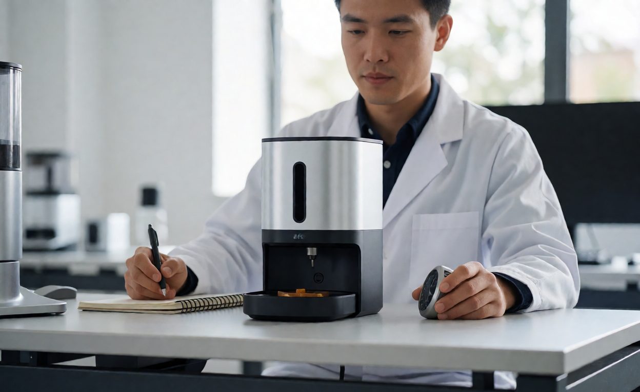 Technician simulating a power interruption on a pet feeder with a timer