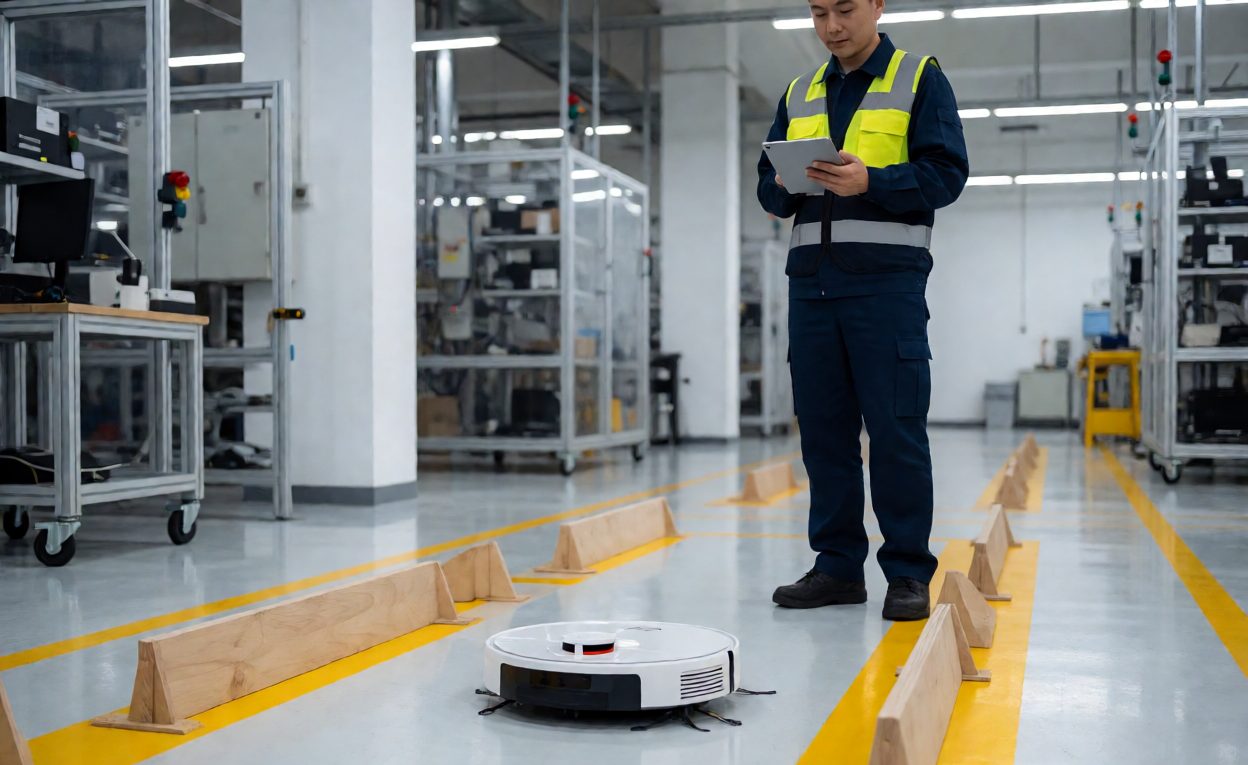 Navigation obstacle testing Robot vacuum navigating an obstacle test course while an engineer observes