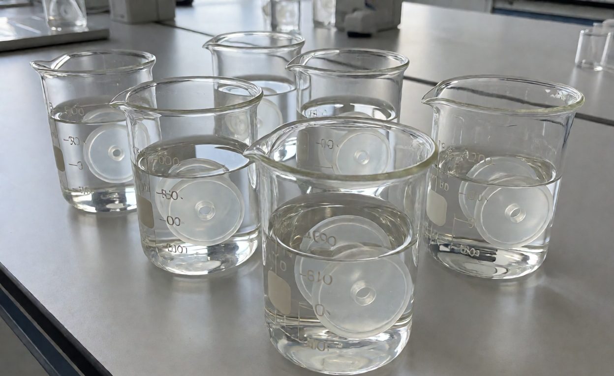 Silicone sample discs in glass beakers for migration testing on a lab bench