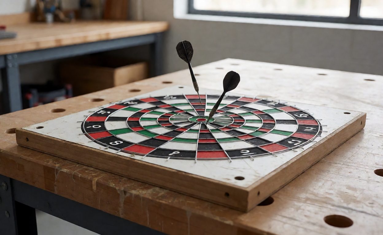 Drop testing dart tip durability Test rig dropping a dart repeatedly onto a board surface for tip durability