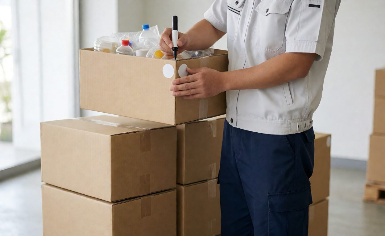 Worker sealing a passed-inspection sticker on an export carton