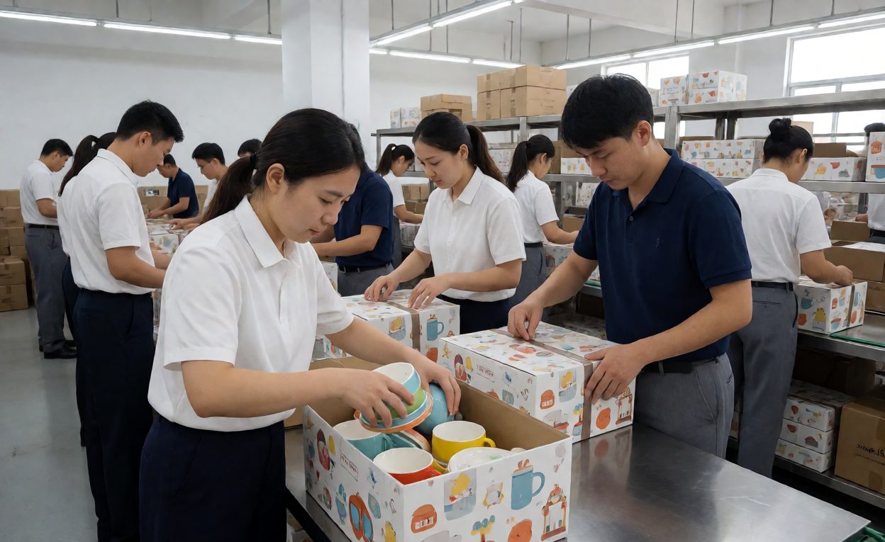 Workers placing children's tableware pieces into printed gift boxes on a packing line