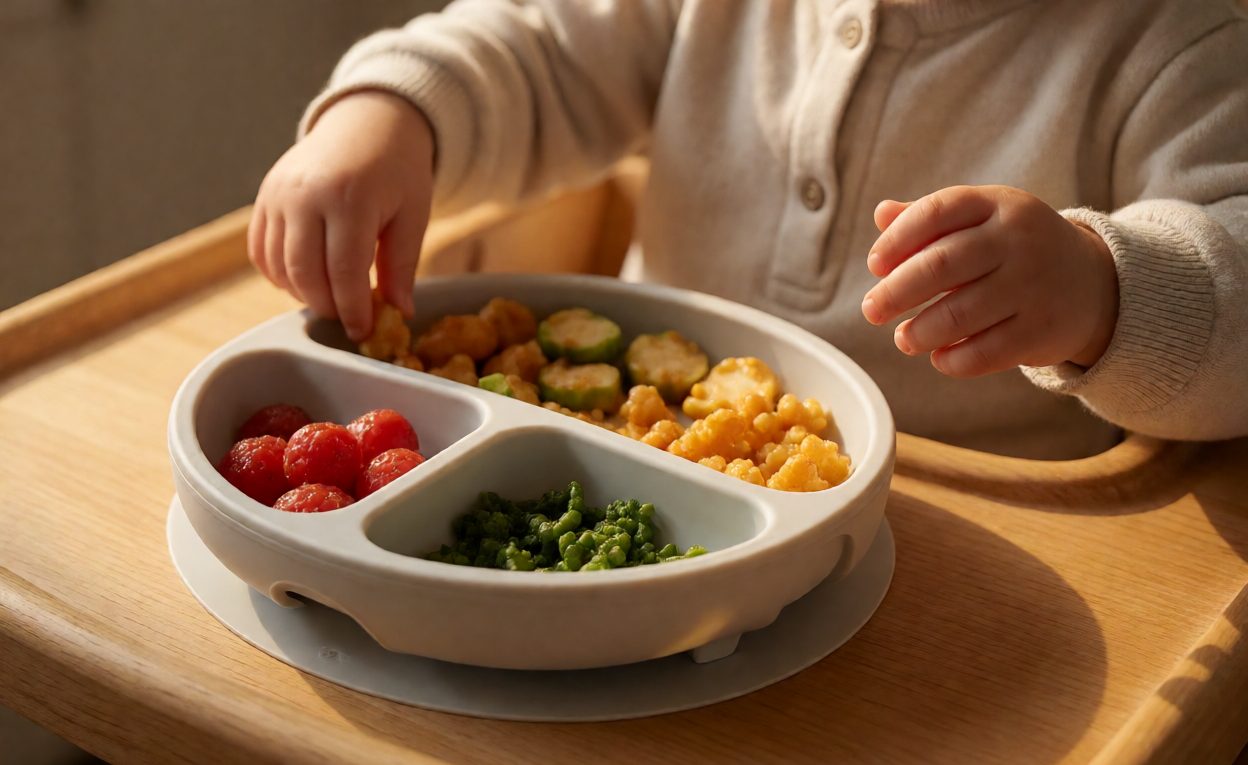 Divided children's plate with suction base on a highchair tray