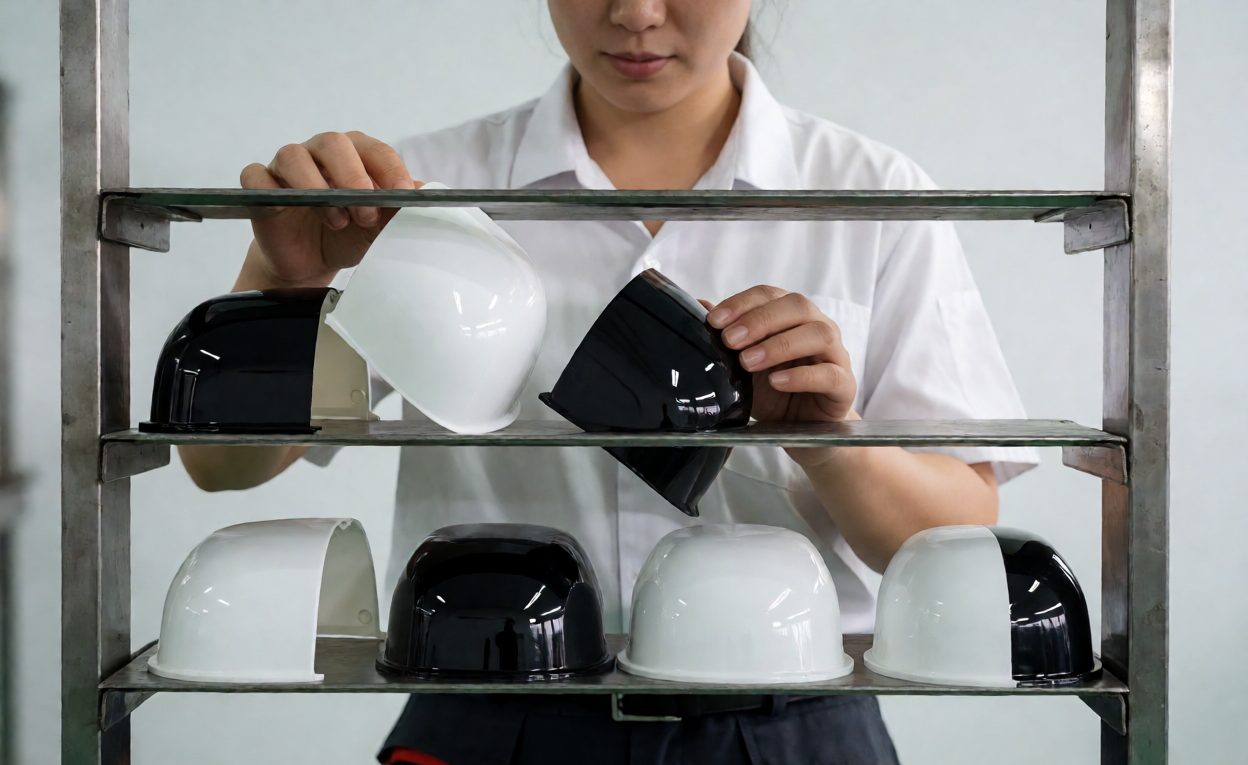Heat transfer decoration inspection Worker inspecting heat-transfer decorated plastic housings on a rack