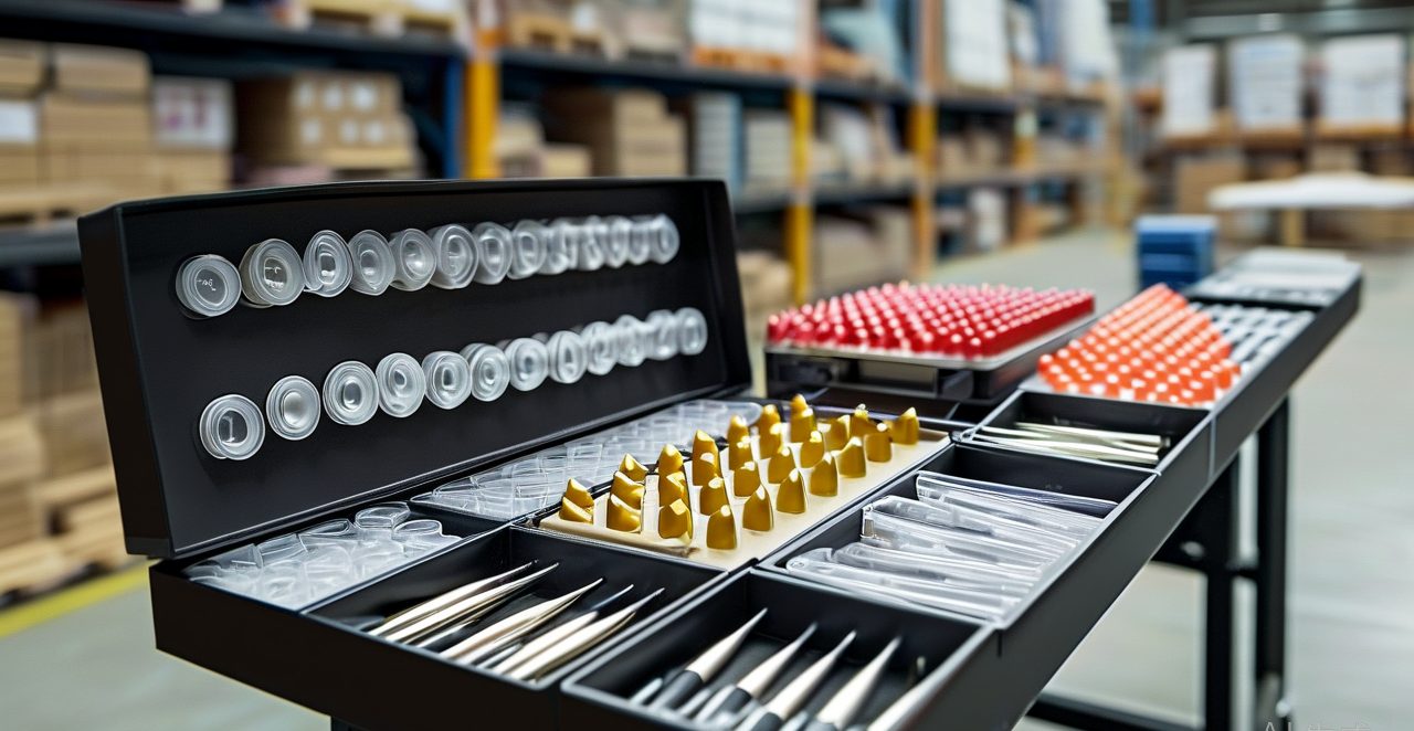 Matched dart sets being packed into retail blister packs with spare flights and shafts