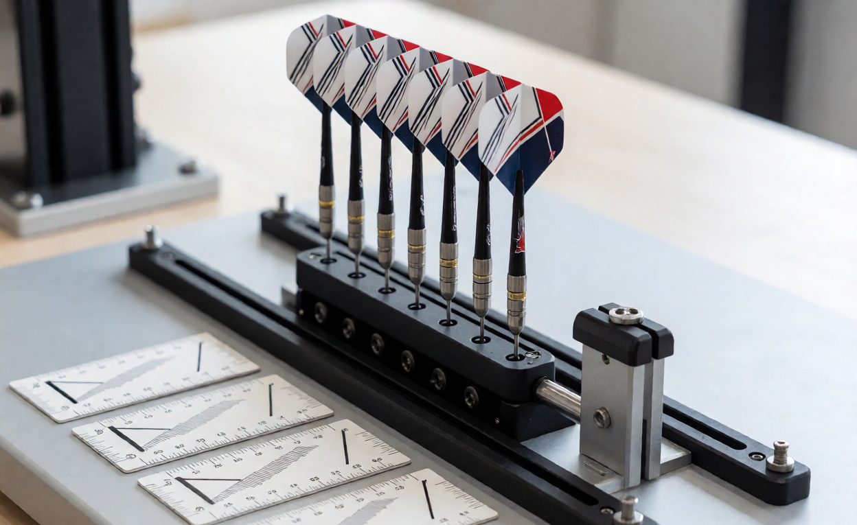 Flight angle retention testing Dart flights on a test jig with angle measurement cards alongside