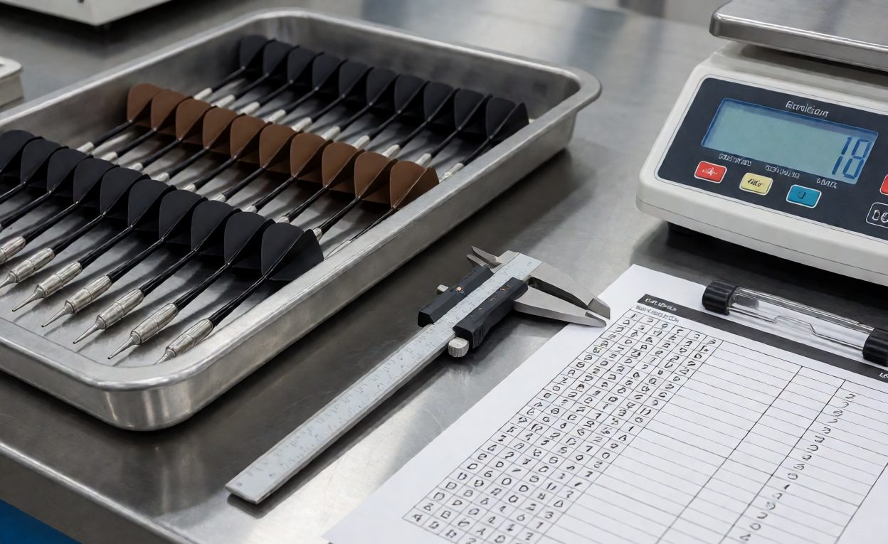 Inspection bench with finished darts, caliper, scale and a check sheet