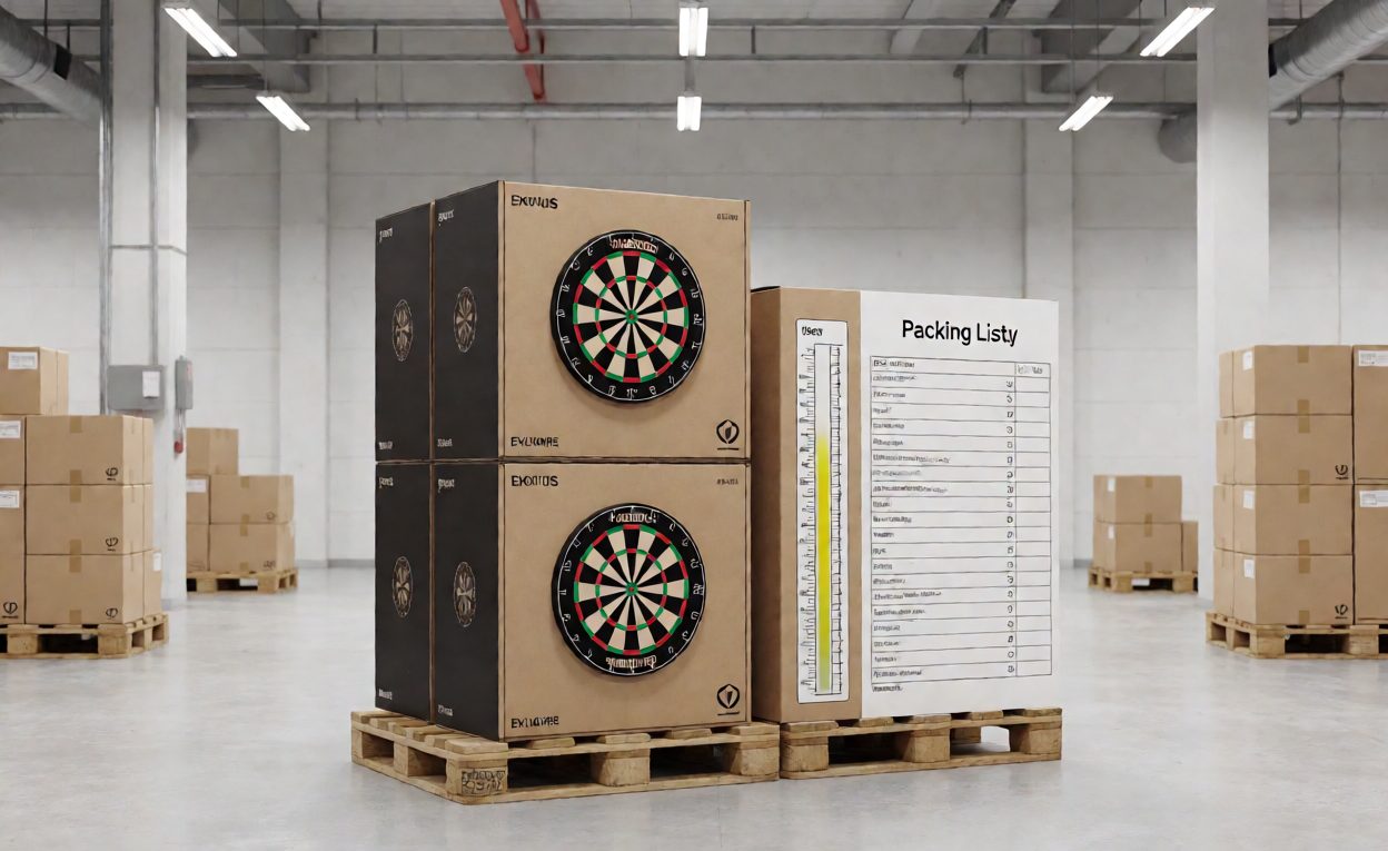 Boxed cabinets staged for export shipment Boxed dartboard cabinets stacked on export pallets with a humidity indicator card