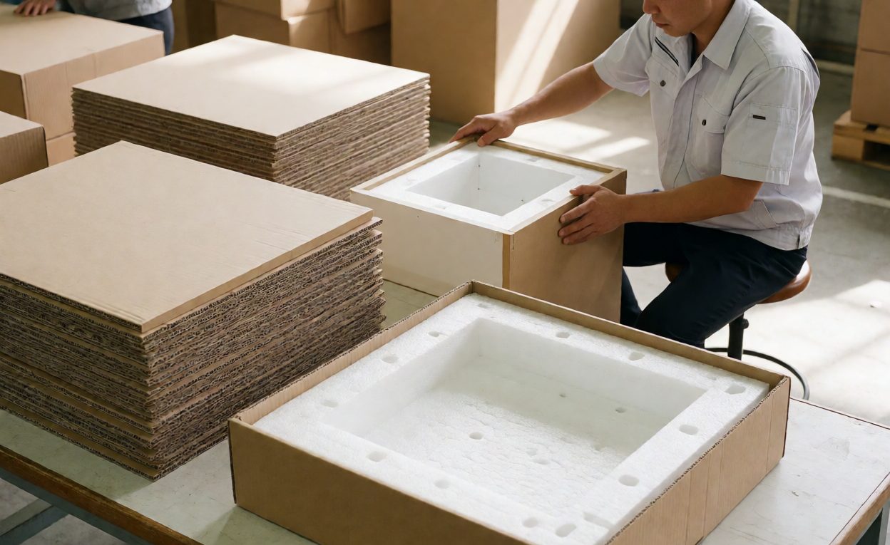 Flat packed cabinet panels and foam inserts being assembled in a factory