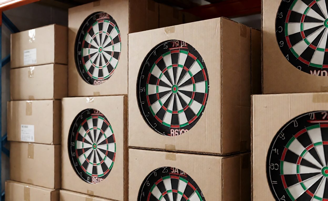 Warehouse shelf with boxed dartboards of different types ready for dispatch