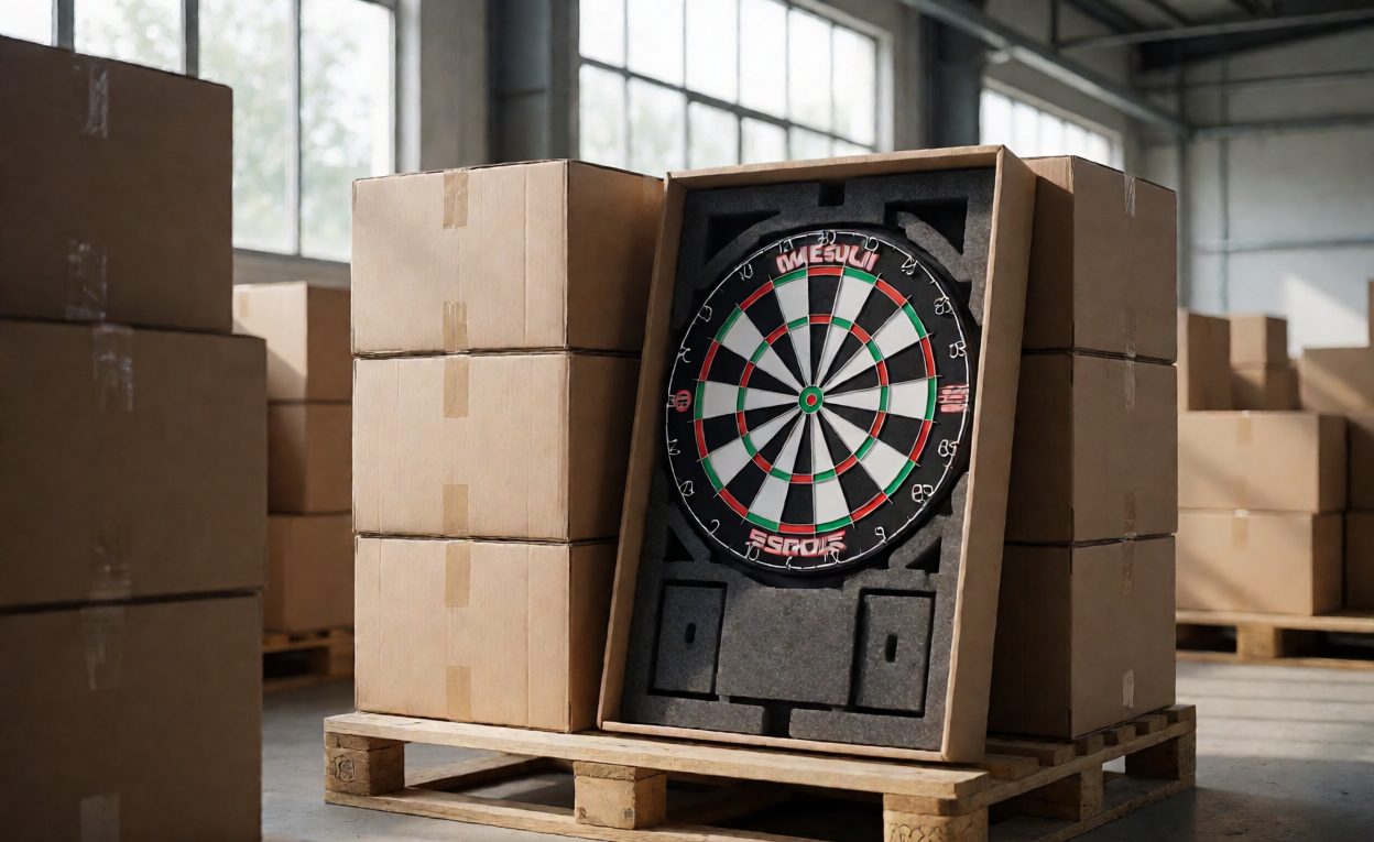 Export packing for dartboards Electronic dartboards packed in export cartons with foam-fit interior