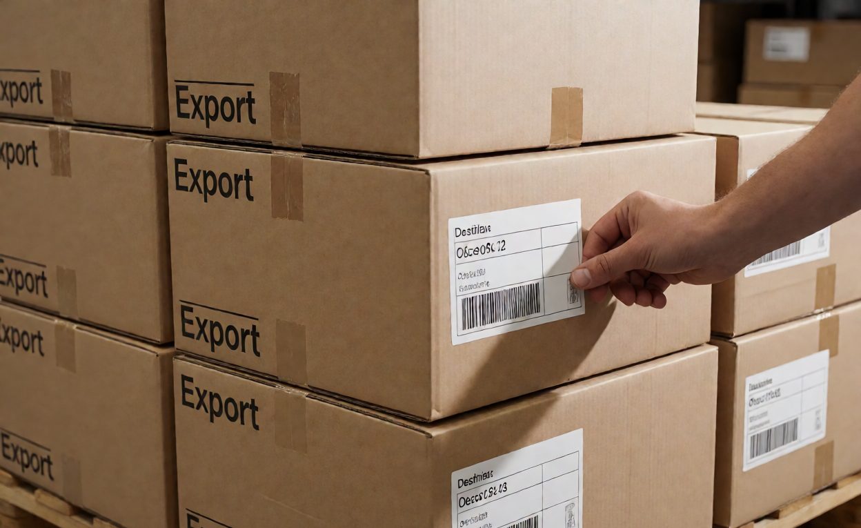 Export cartons staged by destination market Export cartons of boxed electronics on a pallet with destination labels