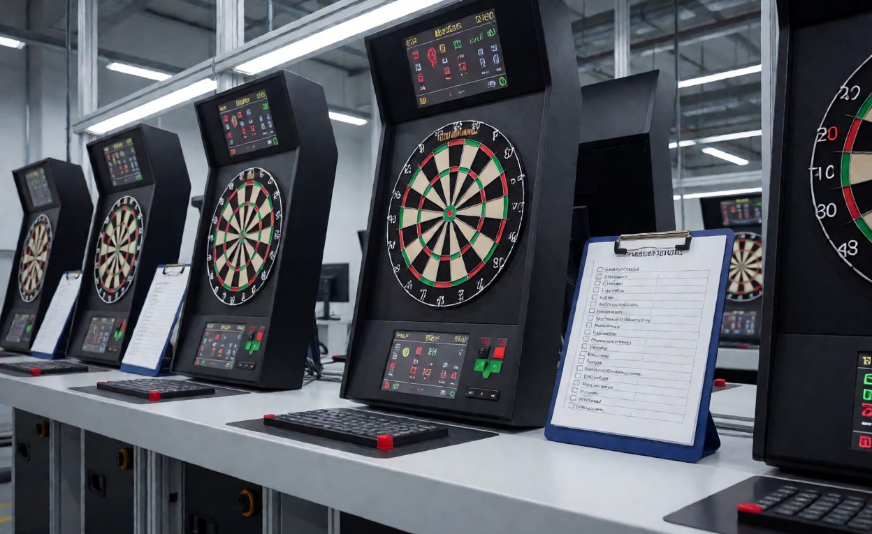 Production units on a scoring inspection bench Row of powered-on electronic dartboards on a quality inspection bench with a checklist