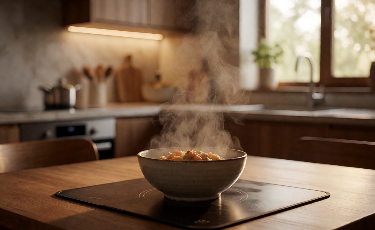 Hot food contact and heat behaviour Bowl of hot food placed on a heatproof mat with steam rising