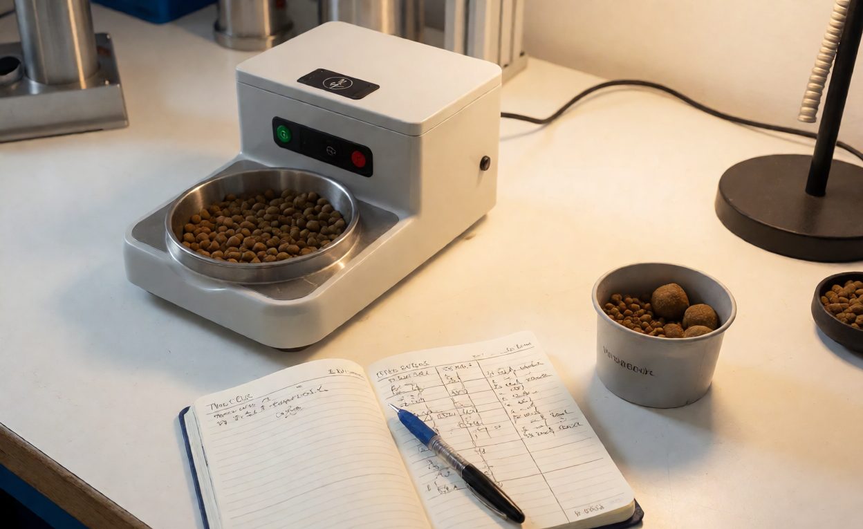 Portion testing across kibble sizes Feeder test unit on a bench with measurement notes and kibble samples of different sizes