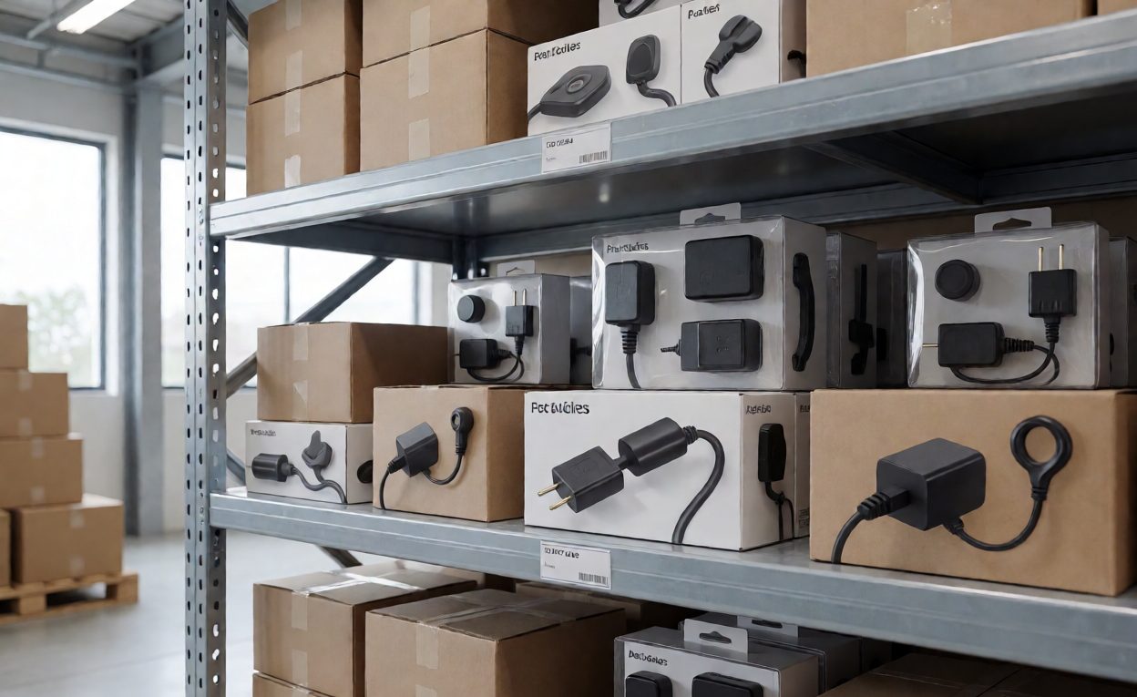 Warehouse shelf with boxed pet feeders and accessory packs including adapters
