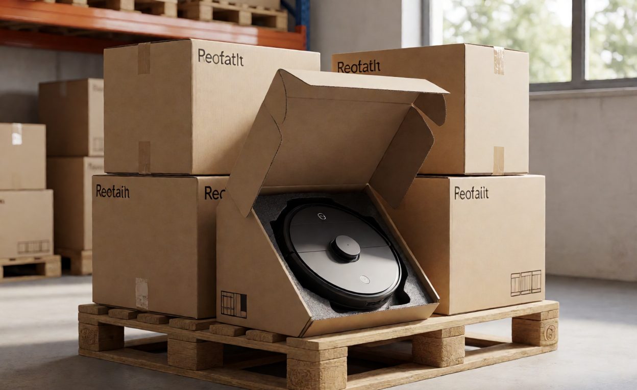 Retail packing for robot vacuums Retail-boxed robot vacuums stacked on a warehouse pallet