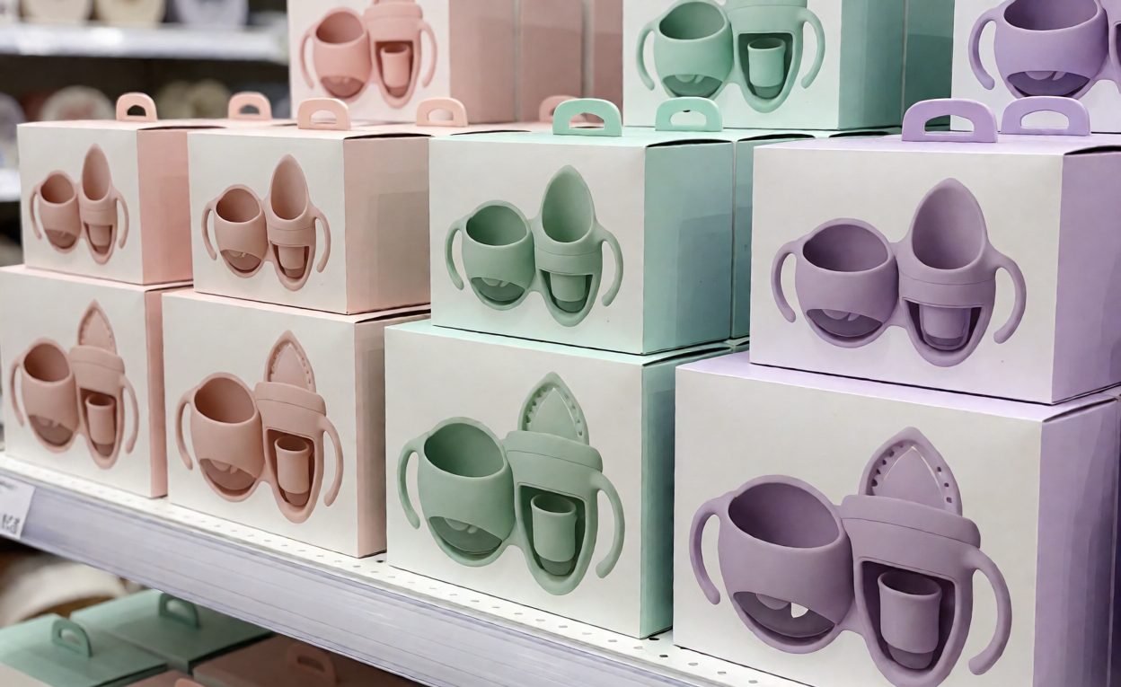 Retail display of boxed silicone baby feeding sets on a store shelf