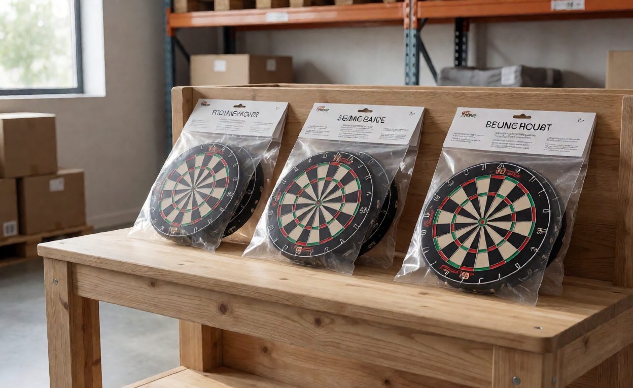 Packing dart sets for a bundle Dart sets being bagged in threes with printed header cards at a packing bench