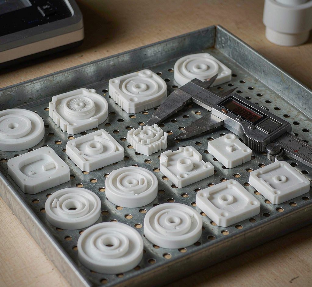 Molded plastic parts quality inspection Freshly molded plastic parts on a metal inspection tray with a digital caliper