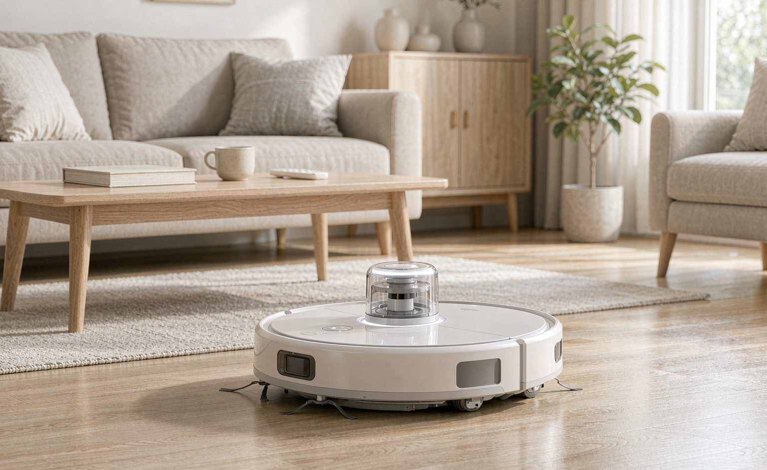 Robot vacuum with LiDAR turret navigating a living room floor